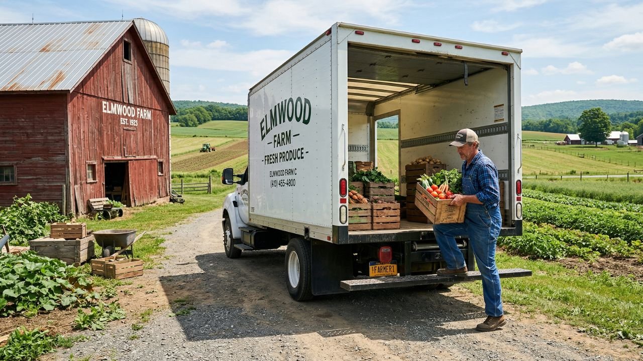 What Is a Box Truck? Farmer's Guide 2 A mid-sized white box truck parked on a sunny rural farm, with a farmer in overalls loading wooden crates of vegetables