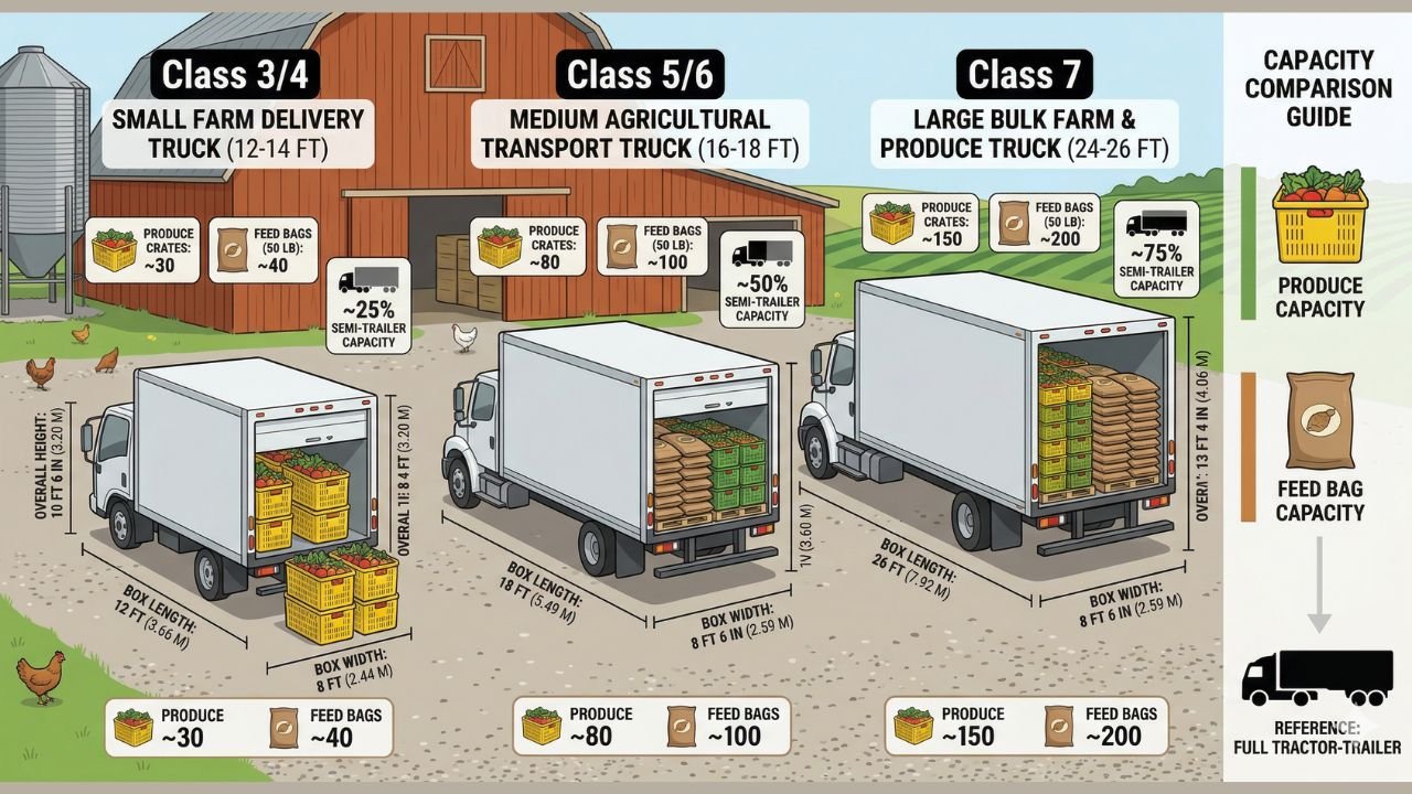 What Is a Box Truck? Farmer's Guide 3 An infographic-style illustration showing three different box truck sizes side by side
