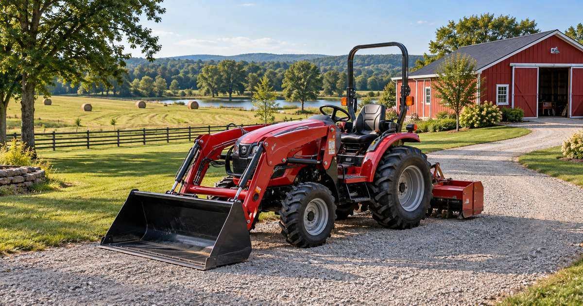 Compact tractor on rural property for five-acre tractor buying guide