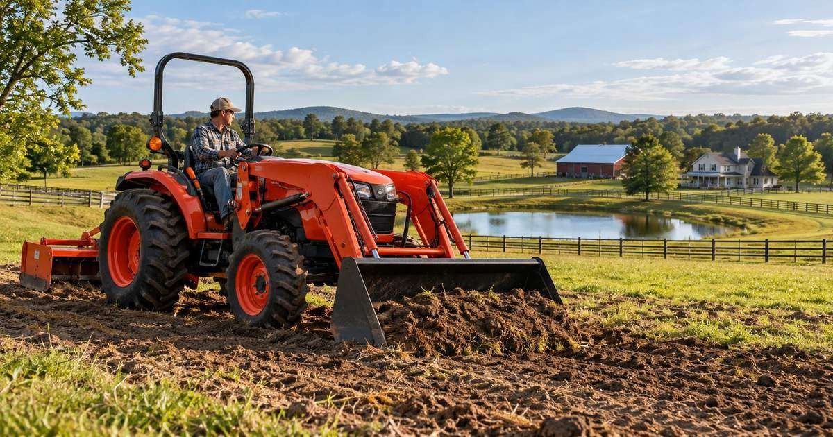 Tractor on larger rural property for ten-acre tractor buying guide