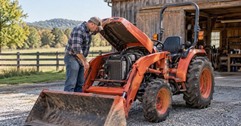 Owner inspecting a used tractor for used tractor hours guide